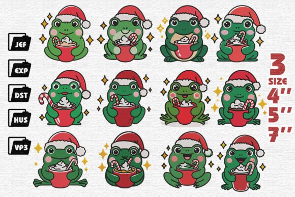 12 Cute Christmas Frog Embroidery