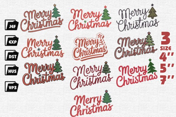 Set of 10 Merry Christmas Embroidery